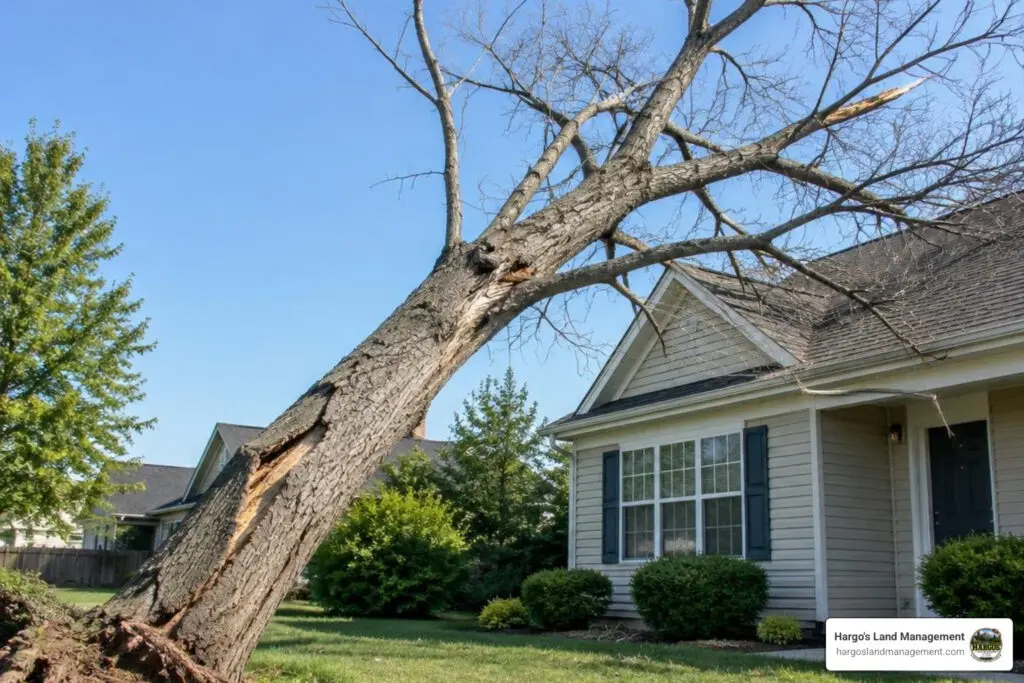 dead tree leaning toward a house